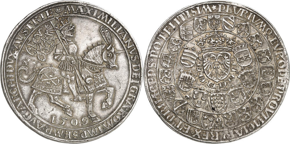 Maximilian I. 1509 double representative guldiner, Hall. Dies by Ulrich Ursenthaler. Very rare. Extremely fine. Estimate: 10,000 euros. From Künker auction 423 (3 July 2025), No. 17. Maximilian I. 1509 double representative guldiner, Hall. Dies by Ulrich Ursenthaler. Very rare. Extremely fine. Estimate: 10,000 euros. From Künker auction 423 (3 July 2025), No. 17.