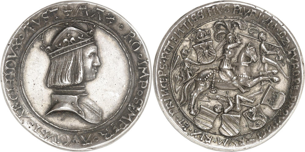 Maximilian I. Representative guldiner n.d. (1518), Hall. Dies by Ulrich Ursenthaler. Very rare. Extremely fine. Estimate: 10,000 euros. From Künker auction 423 (3 July 2025), No. 20 Maximilian I. Representative guldiner n.d. (1518), Hall. Dies by Ulrich Ursenthaler. Very rare. Extremely fine. Estimate: 10,000 euros. From Künker auction 423 (3 July 2025), No. 20