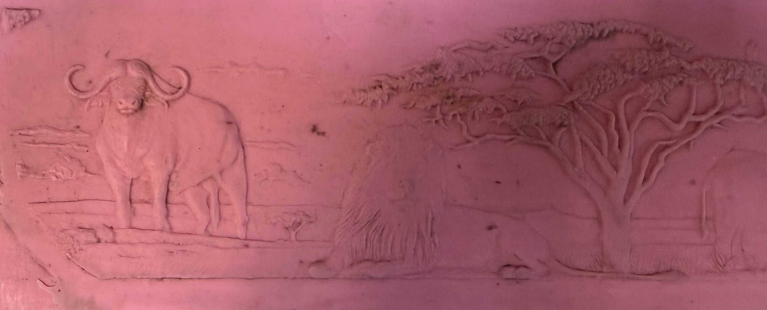 Model for a frieze featuring the Big Five from the Cape Mint / Cape Town. Here, buffalo and lion. Photo: UK Model for a frieze featuring the Big Five from the Cape Mint / Cape Town. Here, buffalo and lion. Photo: UK