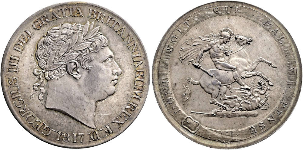 George III, 1760-1820. Pattern for the Crown of 1817. NGC MS64+. Estimate: 75,000 CHF. From auction Numismatica Ars Classica 167 (May 27, 2026), No. 1582.