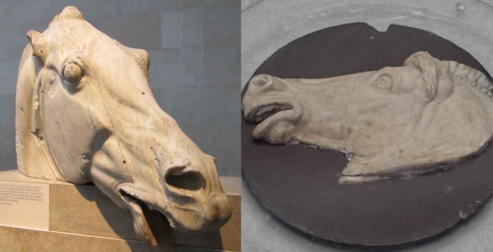 Wax model by Pistrucci and horse's head from the Parthenon frieze. Museo Zecca di Roma // British Museum. Both photos: UK